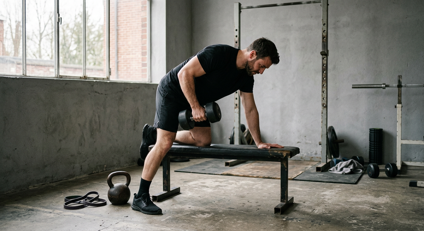 Un homme enchaîne un rowing haltère sur un banc, dans un coin de salle basique avec kettlebell et bande de résistance